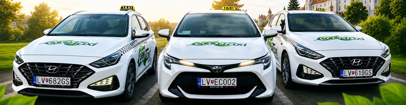 Tri biele vozidlá ecoTaxi Levice s logom na kapote